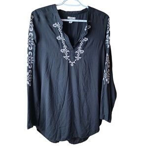 Caslon Embroidered Tunic Top Medium Black 100% Modal Boho Long Sleeve